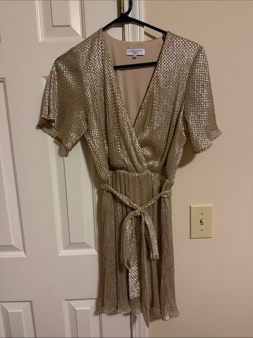 Anthropologie Shimmery Gold Wrap Mini Dress